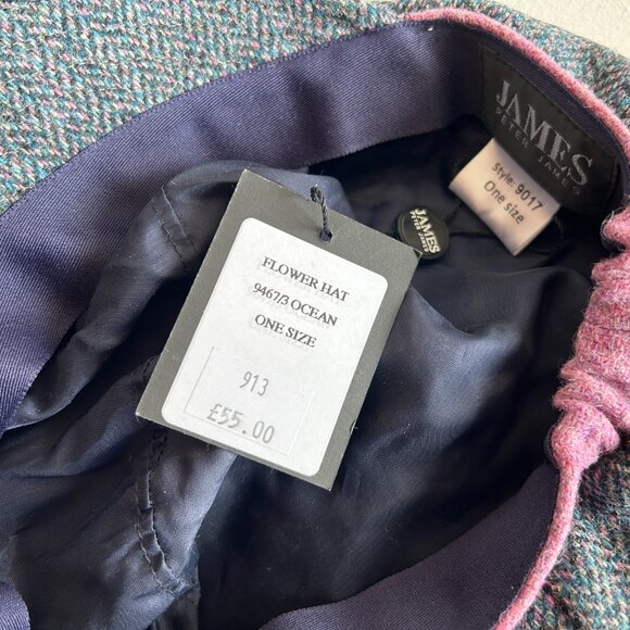 Peter James Blue and Pink Pure Wool Tweed Women's Hat With Flower - Picture 10 of 12